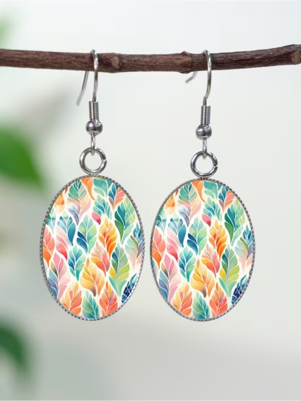 Vibrant Leaf Watercolor Glass Cabochon Dangle Earrings, Milgrain Beaded edging.